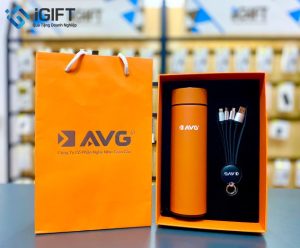 Gift set Bình Giữ Nhiệt Và Cáp Phát Sáng In Logo AVG