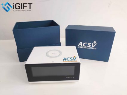 Đồng hồ kiêm sạc không dây Momax in ấn logo ACSV Quà tặng công nghệ doanh nghiệp