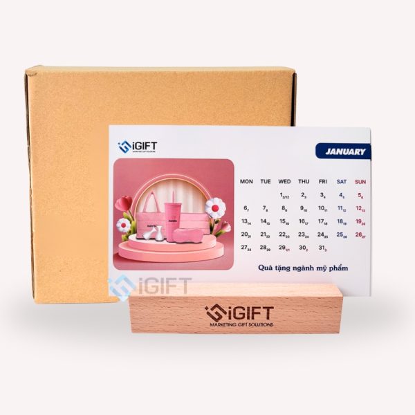 Lịch để bàn đế gỗ - Khắc logo theo yêu cầu - MS02