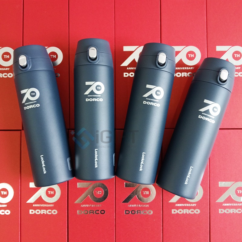 Bình Giữ Nhiệt LocknLock Feather Light One - Touch Tumbler LHC3257 - In Logo Dorco Quà tặng công nghệ doanh nghiệp