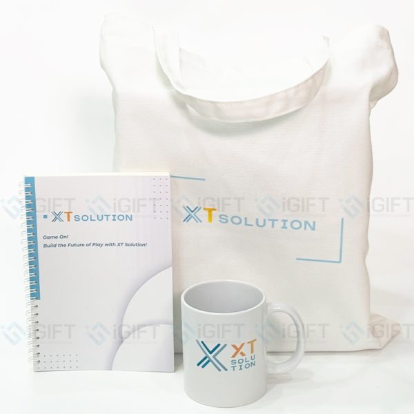 Bộ quà tặng sổ lò xo, cốc sứ, túi vải canvas - In logo XT Solution  Quà tặng công nghệ doanh nghiệp