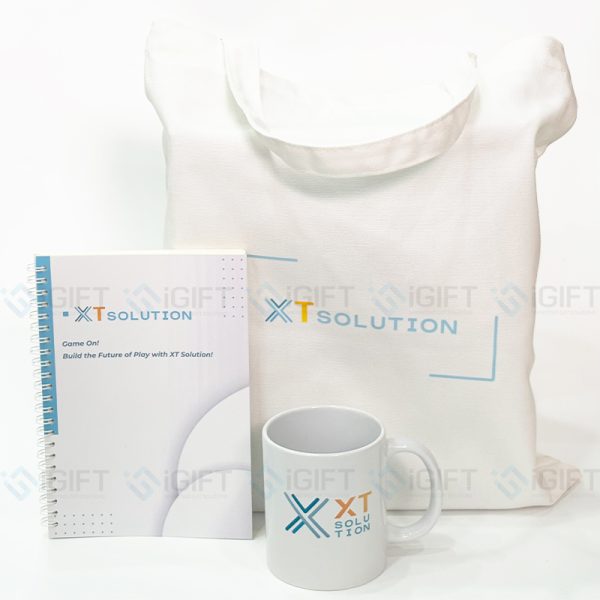 Bộ quà tặng sổ lò xo, cốc sứ, túi vải canvas - In logo XT Solution 