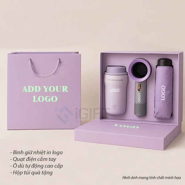 Set quà Quạt điện - Bình giữ nhiệt - Ô dù cao cấp  - In logo theo yêu cầu