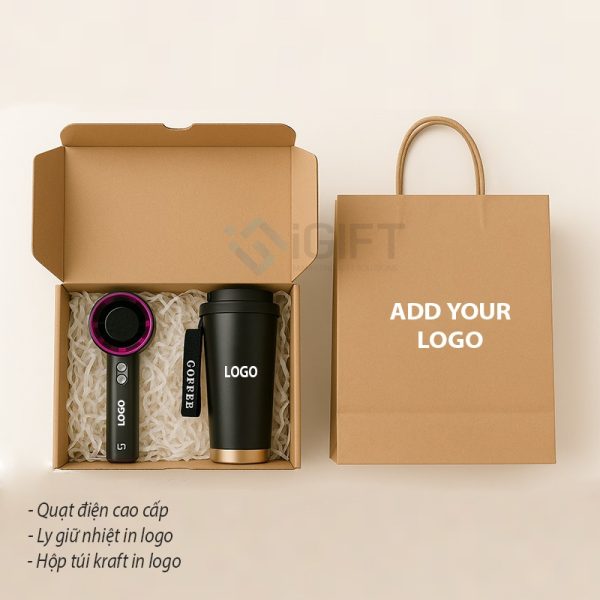 Set quà tặng Hộp túi kraft - Quạt điện - Bình giữ nhiệt - In logo theo yêu cầu