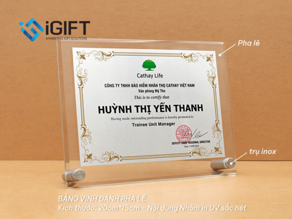 Bảng vinh danh pha lê khen thưởng