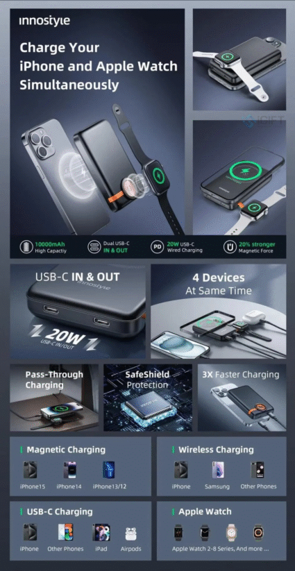 Sạc dự phòng Innostyle Magsafe 10.000mAh có sạc không dây - In logo theo yêu cầu Quà tặng công nghệ doanh nghiệp