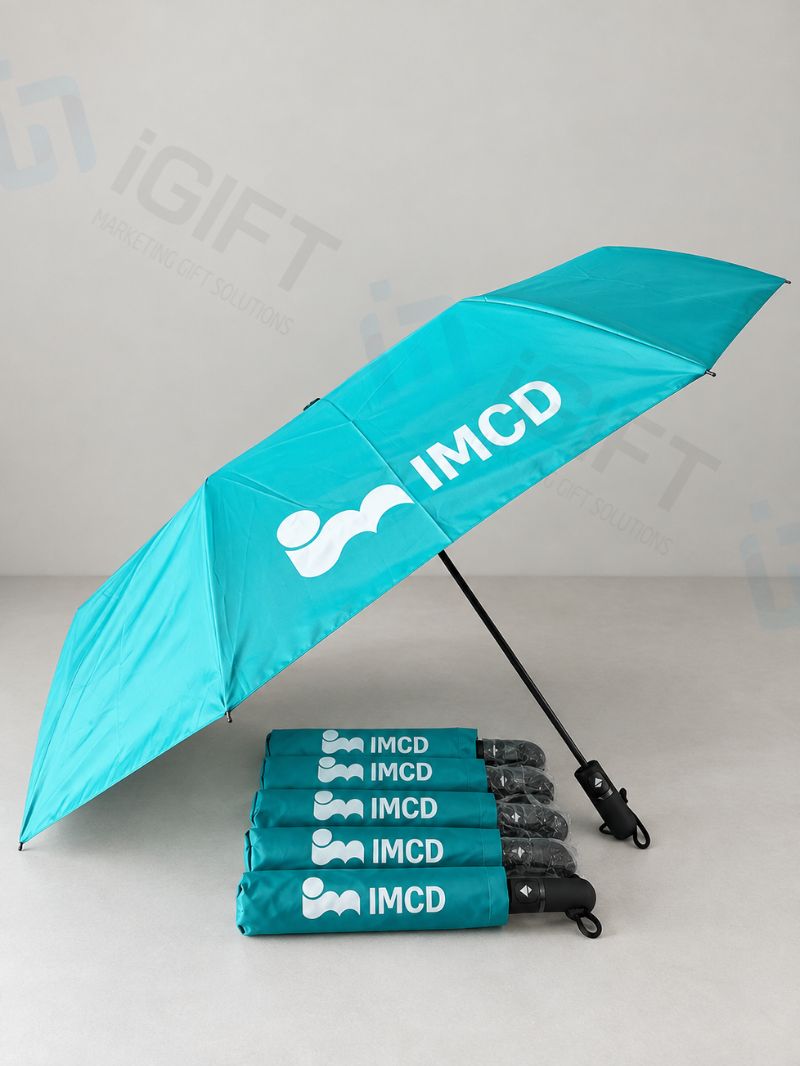 Ô cầm tay gấp gọn in logo IMCD màu xanh ngọc, mở đóng tự động 1 Ô cầm tay gấp gọn in logo IMCD màu xanh ngọc, mở đóng tự động Quà tặng công nghệ doanh nghiệp